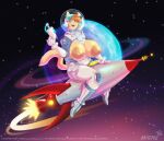  anthro big_breasts breasts domestic_cat exposed_breasts felid feline felis female galacticmichi holding_object holding_weapon huge_breasts katrina_fowler mammal planet solo space text url weapon 