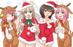  4girls akaza_akari animal_costume bell black_hair blonde_hair blue_eyes blush breasts brown_eyes christmas closed_mouth collarbone embarrassed eyebrows_visible_through_hair funami_yui hat heart heart-shaped_pupils highres looking_at_another looking_at_viewer multiple_girls one_eye_closed open_mouth pink_hair red_hair reindeer_costume santa_costume santa_hat shiny shiny_hair shiny_skin simple_background small_breasts smile standing symbol-shaped_pupils toshinou_kyouko yoshikawa_chinatsu yuri yurikamome8160 yuru_yuri 