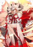  1girl animal_ear_fluff animal_ears bangs beast_iv:l blonde_hair blood blood_on_feet blood_on_leg bow closed_mouth crown extra_ears fate/grand_order fate_(series) fingernails fire floating fox_ears fox_girl fox_tail fur-trimmed_kimono fur_trim hair_between_eyes hair_bow hair_ribbon highres japanese_clothes kimono kitsune koyanskaya_(fate) long_hair long_sleeves looking_at_viewer multiple_tails no-kan obi red_bow red_ribbon ribbon sash sharp_fingernails sidelocks smile solo tail talisman tamamo_(fate) thighs white_kimono wide_sleeves yellow_eyes 