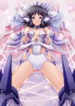  1000 1girl ass_visible_through_thighs black_hair blue_eyes blush breasts cleavage closed_mouth covered_navel from_below highres kohinata_miku looking_at_viewer looking_down no_bra no_panties senki_zesshou_symphogear shiny shiny_hair short_hair small_breasts smile solo standing 
