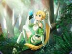  1girl bangs blonde_hair braid breasts bug butterfly butterfly_on_hand forest game_cg garter_straps gloves green_eyes green_gloves green_skirt hair_between_eyes hair_tubes high_heels in_tree large_breasts leafa_(terraria) long_hair midriff miniskirt nature ponytail shiny shiny_hair sitting sitting_in_tree skirt solo sword_art_online sword_art_online:_alicization_rising_steel thighhighs tree twin_braids very_long_hair white_legwear 