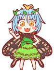  1girl antennae aqua_hair barefoot blush_stickers butterfly_wings dress eternity_larva eyebrows_visible_through_hair fairy full_body green_dress hair_between_eyes highres leaf leaf_on_head multicolored_clothes multicolored_dress open_mouth orange_eyes rokugou_daisuke short_hair short_sleeves single_strap smile solo touhou transparent_background wings 
