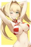  1girl absurdres ahoge armpits arms_behind_head arms_up bangs bare_shoulders bikini blonde_hair blush border breasts cleavage collarbone criss-cross_halter fate/grand_order fate_(series) green_eyes hair_intakes halterneck highres large_breasts long_hair looking_at_viewer navel nero_claudius_(fate) nero_claudius_(swimsuit_caster)_(fate) one_eye_closed pyonsan red_bikini smile solo striped striped_bikini swimsuit twintails white_border yellow_background 