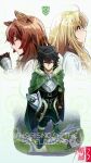  1boy 2girls absurdres animal_ears armor blonde_hair breastplate brown_gloves brown_hair cape closed_eyes closed_mouth copyright_name firo_(tate_no_yuusha_no_nariagari) full_body gloves green_cape green_eyes green_footwear green_pants highres kirin27 long_hair looking_up multiple_girls pants raccoon_ears raphtalia shield shiny shiny_hair smile standing straight_hair tate_no_yuusha_no_nariagari very_long_hair 