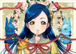  1girl bangs blue_hair border bunny closed_mouth finger_to_mouth floating_hair flower hair_flower hair_ornament honzuki_no_gekokujou index_finger_raised kaze-hime long_hair looking_at_viewer maine_(honzuki_no_gekokujou) parted_bangs pink_flower shiny shiny_hair shushing smile solo very_long_hair white_border yellow_eyes yellow_flower 