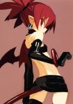  1girl back bangle bare_shoulders black_choker black_gloves black_skirt bracelet choker cowboy_shot demon_girl demon_tail demon_wings disgaea earrings elbow_gloves etna flat_chest from_behind gloves harada_takehito highres jewelry looking_at_viewer looking_back makai_senki_disgaea miniskirt non-web_source official_art pointy_ears profile red_eyes red_hair red_wings scan short_twintails shoulder_blades simple_background skirt skull_earrings solo strapless tail thighhighs tube_top twintails wings 
