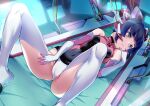  1000 1girl black_hair blue_eyes blush bodysuit breasts cameltoe closed_mouth covered_navel elbow_gloves gloves indoors looking_to_the_side lying on_back senki_zesshou_symphogear shiny shiny_hair small_breasts solo thighhighs tsukuyomi_shirabe white_legwear 
