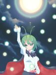  1girl antennae arm_up bangs black_cape black_shorts blush breasts cape closed_mouth cloud collared_shirt commentary cowboy_shot danmaku green_eyes green_hair hair_between_eyes imperishable_night kari_(atsuki_565) looking_at_viewer night night_sky red_cape shirt short_hair shorts sky small_breasts smile solo touhou two-sided_cape two-sided_fabric white_shirt wriggle_nightbug 