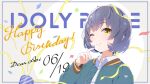  1girl birthday closed_mouth grey_hair happy_birthday highres idoly_pride igawa_aoi jacket looking_at_viewer official_art one_eye_closed qp:flapper ribbon short_hair smile solo yellow_eyes 