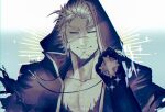  1boy bandaid bandaid_on_cheek bara blonde_hair chest_tattoo cross cross_necklace facial_hair goatee half-closed_eyes highres hood hood_up jacob_(housamo) jewelry long_sideburns male_focus mature_male muscular muscular_male necklace pectoral_cleavage pectorals scar scar_on_face scar_on_nose short_hair sideburns solo tattoo tokyo_afterschool_summoners touou upper_body 