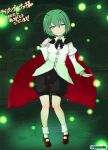  1girl akenoin_soumon antennae bangs black_cape black_shorts blush breasts brown_footwear cape closed_mouth collared_shirt commentary_request commission eyebrows_visible_through_hair fireflies full_body green_eyes green_hair hair_between_eyes highres looking_at_viewer red_cape shirt shoes short_hair shorts skeb_commission small_breasts smile socks solo touhou translation_request twitter_username two-sided_cape two-sided_fabric white_legwear white_shirt wriggle_nightbug 
