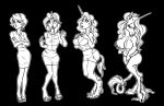  2016 anthro black_background bottomwear breast_expansion breasts butt butt_expansion clothing equid equine expansion female growth hair hand_on_breast hooves horn horn_growth human human_to_anthro kabuki_homewood mammal monochrome sequence simple_background skirt solo species_transformation standing surprise tail_growth transformation unicorn 