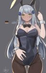 1girl alternate_costume animal_ears artist_name bangs bare_shoulders black_bow black_bowtie black_legwear blue_hair bow bowtie breasts chcn cleavage closed_mouth eyebrows_visible_through_hair fake_animal_ears feet_out_of_frame german_flag girls&#039;_frontline green_eyes grey_background hair_ornament hairclip hand_on_own_stomach highres hk416_(girls&#039;_frontline) long_hair looking_at_viewer medium_breasts pantyhose playboy_bunny solo standing teardrop_facial_mark teardrop_tattoo 