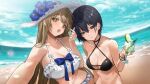  2girls absurdres bangs bare_shoulders beach bikini black_bikini black_eyes black_hair blue_sky blush breasts brown_eyes brown_hair chungu cleavage collarbone cup drinking_glass hat highres large_breasts long_hair looking_at_viewer multiple_girls ocean open_mouth original shore short_hair sky sun_hat swimsuit white_bikini white_headwear 