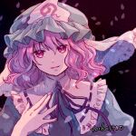  1girl artist_name black_background cherry_blossoms ghost hand_on_own_chest hat letter medium_hair open_mouth petals pink_eyes pink_hair ribbon saigyouji_yuyuko smile socha touhou veil 