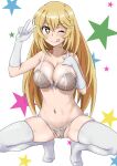  +_+ 1girl ;q bangs blonde_hair bow bow_bra bra breasts cleavage commentary frilled_bra frilled_panties frills gloves grey_bra grey_panties large_breasts lingerie long_hair looking_at_viewer minpei_ichigo multicolored_stars navel one_eye_closed panties shokuhou_misaki skindentation solo squatting starry_background symbol-shaped_pupils thighhighs toaru_kagaku_no_railgun toaru_majutsu_no_index tongue tongue_out underwear underwear_only w white_background white_gloves white_legwear yellow_eyes 