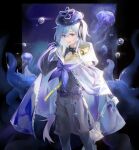  1boy absurdres androgynous arknights blue_hair blue_theme bow choker cloak highres jellyfish looking_at_viewer mizuki_(arknights) pale_skin purple_eyes ribbon smyan 