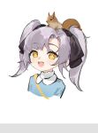  1girl aug_para_(girls&#039;_frontline) bangs blush eyebrows_visible_through_hair girls&#039;_frontline hair_ribbon light_purple_hair long_hair looking_at_viewer open_mouth ribbon smile smile_(mm-l) solo squirrel teeth twintails upper_body upper_teeth white_background yellow_eyes 