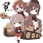  3girls :&gt; :&lt; akaboshi_koume blue_eyes blush brown_eyes brown_hair chibi closed_mouth crossed_arms eyebrows_visible_through_hair girls_und_panzer ground_vehicle highres itsumi_erika kuromorimine_military_uniform long_hair long_sleeves looking_at_viewer military military_vehicle motor_vehicle multiple_girls nabe_(nabe_otome) nishizumi_maho open_mouth pleated_skirt red_skirt short_hair sitting skirt smile standing tank tiger_i translation_request 