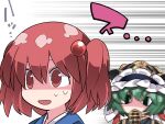  &lt;|&gt;_&lt;|&gt; 2girls bangs blue_dress commentary_request dress frilled_hat frills green_eyes green_hair hair_bobbles hair_ornament hammer_(sunset_beach) hat looking_at_another multiple_girls onozuka_komachi open_mouth red_eyes red_hair rod_of_remorse shaded_face shiki_eiki short_hair touhou two_side_up upper_body 