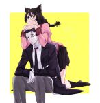  1boy 1girl animal_ears black_eyes black_hair black_skirt cat_ears eyebrows_visible_through_hair glasses gloves grey_pants hair_ornament hair_slicked_back hair_strand hairclip hairpin hands_on_another&#039;s_head hanekawa_tsubasa highres kaiki_deishuu long_coat long_hair long_sleeves looking_up monogatari_(series) naoetsu_high_school_uniform no_shoes okkrslk pants pink_shirt ponytail puffy_long_sleeves puffy_sleeves red_eyes school_uniform shirt skirt thighhighs trench_coat white_gloves 