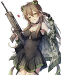  1girl bangs black_choker black_gloves black_shirt blush bow breasts brown_hair bullpup camouflage camouflage_jacket choker closed_mouth collarbone covered_navel double_bun eyebrows_visible_through_hair feet_out_of_frame fingerless_gloves fur-trimmed_jacket fur_trim girls&#039;_frontline gloves green_eyes gun hair_bow heart heart_print highres holding holding_gun holding_weapon jacket jacket_pull jewelry kel-tec_rfb kogarashi_kon licking_lips long_hair looking_at_viewer medium_breasts necklace open_clothes open_jacket rfb_(girls&#039;_frontline) rifle shirt smile solo standing tongue tongue_out weapon white_background 
