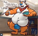  2021 anthro belly big_belly bowl bulge cereal cereal_box clothing container cutlery dialogue felid food frosted_flakes kellogg&#039;s kitchen kitchen_utensils looking_at_another male mammal mascot navel one_eye_closed open_mouth overweight overweight_anthro overweight_male pantherine scarf solo speech_bubble spoon tanio tiger tony_the_tiger tools underwear 