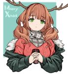  1girl antlers bangs blush brown_hair christmas cup eyebrows_visible_through_hair fur-trimmed_jacket fur_trim girls&#039;_frontline green_eyes green_jacket grey_scarf hair_ornament hairclip holding holding_cup howa_type_89_(girls&#039;_frontline) ingerdoll jacket jacket_pull long_hair looking_at_viewer merry_christmas official_alternate_costume open_clothes open_jacket red_sweater scarf simple_background solo sweater upper_body 