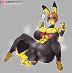  anthro big_breasts bodily_fluids breasts camel_toe cleavage clothed clothing cosplay_pikachu_(costume) female gesture hi_res huge_breasts lollipopcon nintendo pikachu_libre pikachy pok&eacute;mon solo sweat sweaty_breasts v_sign video_games 