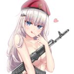  1girl absurdres ak-74m ak74m_(girls&#039;_frontline) bangs bare_shoulders beret blue_eyes blush breasts cleavage closed_mouth collarbone eyebrows_visible_through_hair finger_to_mouth girls&#039;_frontline hair_ornament hairclip hat heart heart_print highres kalashnikov_rifle katsuboys licking_lips long_hair looking_at_viewer medium_breasts naked_shirt russian_flag shirt silver_hair snowflake_hair_ornament solo tongue tongue_out upper_body white_background 