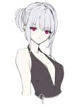 1girl bangs bare_shoulders black_shirt breasts character_request closed_mouth collarbone eyebrows_visible_through_hair girls&#039;_frontline hair_ornament ingerdoll long_hair looking_at_viewer medium_breasts purple_eyes shirt solo upper_body white_background white_hair 