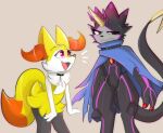  annoyed anthro bandai_namco black_body black_eyes braixen cape claws clothing collar digimon duo grusgammamon horn kitsunekotaro male nintendo pok&eacute;mon pok&eacute;mon_(species) stinger stinger_tail video_games 