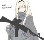  1girl 2021 an-94 an-94_(girls&#039;_frontline) assault_rifle bangs black_gloves blonde_hair eyebrows_visible_through_hair girls&#039;_frontline gloves green_eyes gun hairband holding holding_gun holding_weapon ingerdoll long_hair looking_at_viewer rifle solo tactical_clothes thank_you upper_body weapon white_background 