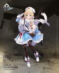  1girl ammunition_belt artist_name bangs belt black_legwear blonde_hair blue_dress blue_eyes blush boots braid brown_belt character_name closed_mouth commentary_request copyright_name dress eyebrows_visible_through_hair full_body girls&#039;_frontline gloves gun hair_ornament hairclip highres knife_holster long_hair looking_at_viewer official_art pantyhose papakha ppsh-41 ppsh-41_(girls&#039;_frontline) promotional_art salute scarf smile solo soviet_flag standing submachine_gun twintails weapon weapon_on_back white_footwear white_gloves white_headwear white_scarf 