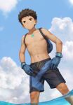  1boy abs backpack bag beitemian black_hair black_shorts blue_gloves blue_shorts brown_eyes closed_mouth cloud day gloves hands_on_hips highres jewelry male_focus navel necklace nipples outdoors partially_submerged pectorals rex_(xenoblade) short_hair shorts sky smile toned toned_male two-tone_shorts water xenoblade_chronicles_(series) xenoblade_chronicles_2 