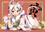  1girl adapted_costume animal_ears animal_print bangs bell blush bracelet calico cat_ears cat_girl cat_tail coin collarbone commentary_request fur_collar gesture gold goutokuji_mike happy jewelry jingle_bell koban_(gold) long_sleeves lying mallet maneki-neko miniskirt multicolored_clothes multicolored_hair multicolored_skirt multicolored_tail neck_bell open_mouth orange_background orange_eyes orange_nails patches paw_pose pleated_skirt puuakachan short_hair shrine skirt streaked_hair tail thighhighs tiger_print touhou white_hair white_skirt wide_sleeves yellow_legwear 