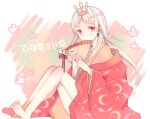  1girl animal_print arisie barefoot bat_print crown feet gensou_suikoden gensou_suikogaiden hairband hand_fan japanese_clothes kimono long_hair looking_at_viewer moon_(ornament) print_kimono red_eyes sierra_mikain silver_hair solo white_hair 