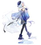  1boy androgynous arknights blue_hair bow candy_(pixiv15231759) cloak hat highres jellyfish looking_back male_focus mizuki_(arknights) otoko_no_ko pale_skin purple_eyes ribbon umbrella 