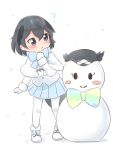  1girl :&gt; :&lt; ? absurdres arctic_fox_(kemono_friends) arctic_fox_(kemono_friends)_(cosplay) bangs black_hair blue_bow blue_bowtie blue_eyes blue_skirt blush blush_stickers bow bowtie capelet character_snowman cosplay eyebrows_visible_through_hair eyes_visible_through_hair full_body fur-trimmed_sleeves fur_trim hair_between_eyes hat head_wings highres kemono_friends long_sleeves mittens pantyhose pleated_skirt shiraha_maru short_hair simple_background skirt snowman solo superb_bird-of-paradise_(kemono_friends) western_parotia_(kemono_friends) white_background white_capelet white_legwear younger 