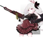  1girl bag bangs black_jacket blue_archive closed_mouth eyebrows_visible_through_hair feet_out_of_frame gun holding holding_bag holding_gun holding_weapon ingerdoll jacket licking_lips long_hair looking_at_viewer machine_gun mutsuki_(blue_archive) purple_eyes red_skirt skirt smile solo standing tongue tongue_out twitter_username weapon white_background white_hair 