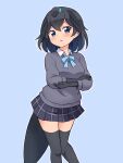  1girl absurdres adapted_costume alpine_marmot_(kemono_friends) alpine_marmot_(kemono_friends)_(cosplay) alternate_costume bird_girl bird_tail bird_wings black_gloves black_hair black_legwear black_skirt blue_background blue_bow blue_bowtie blue_eyes blush bow bowtie collared_shirt cosplay cowboy_shot elbow_gloves eyebrows_visible_through_hair gloves grey_sweater hair_tie head_wings highres kemono_friends looking_at_viewer outline plaid plaid_skirt pleated_skirt shiraha_maru shirt short_hair simple_background skirt solo superb_bird-of-paradise_(kemono_friends) sweater tail thighhighs white_outline white_shirt wings zettai_ryouiki 
