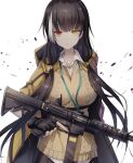  1girl bangs black_gloves black_hair breasts brown_vest closed_mouth eyebrows_visible_through_hair fingerless_gloves girls&#039;_frontline gloves gun hair_ornament hairclip heterochromia highres holding holding_gun holding_weapon hood hooded_jacket id_card jacket kogarashi_kon long_hair looking_at_viewer multicolored_hair open_clothes open_jacket red_eyes ro635 ro635_(girls&#039;_frontline) shirt solo upper_body vest weapon white_background white_shirt yellow_eyes yellow_jacket 