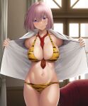  1girl absurdres animal_print ao_banana between_breasts bikini blush breasts cowboy_shot fate/grand_order fate_(series) hair_over_one_eye highres large_breasts looking_at_viewer mash_kyrielight necktie necktie_between_breasts purple_eyes purple_hair red_necktie short_hair swimsuit tiger_print 