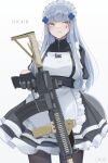  1girl alternate_costume arm_behind_back artist_name assault_rifle bangs black_gloves black_legwear blue_hair character_name chcn enmaided eyebrows_visible_through_hair feet_out_of_frame girls&#039;_frontline gloves green_eyes gun h&amp;k_hk416 hair_ornament hairclip highres hk416_(girls&#039;_frontline) holding holding_gun holding_weapon long_hair looking_up maid pantyhose rifle solo standing teardrop_facial_mark teardrop_tattoo weapon white_background 