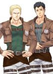  2boys bertolt_hoover black_hair blonde_hair blue_eyes brown_hair chest_belt chikichan hands_on_hips jacket leather leather_jacket leg_belt looking_at_viewer male_focus multiple_boys muscular muscular_male paradis_military_uniform pectoral_cleavage pectorals reiner_braun shingeki_no_kyojin short_hair thick_thighs thighs 