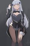  1girl alternate_costume arm_up artist_name bangs black_bow black_bowtie black_jacket black_legwear blue_hair bow bowtie breasts chcn closed_mouth eyebrows_visible_through_hair feet_out_of_frame girls&#039;_frontline green_eyes hair_ornament hairclip hand_on_leg highres hk416_(girls&#039;_frontline) jacket long_hair looking_at_viewer pantyhose playboy_bunny simple_background smile solo standing teardrop_facial_mark teardrop_tattoo 