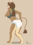  absurd_res anthro black_nose bow_ribbon brown_background brown_body brown_fur brown_hair clothing crop_top diaper exposed_diaper female fur grey_eyes hair hi_res long_hair looking_back open_mouth ozzybear shadow shirt simple_background solo standing topwear touching_diaper watermark 