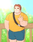  1boy 3c_pan_(izumipan3) ^_^ alternate_costume backpack bag bara belly between_pectorals brown_hair casual closed_eyes denim denim_shorts facial_hair feet_out_of_frame gunzo_(housamo) highres male_focus muscular muscular_male pectorals plump scar scar_on_cheek scar_on_face scar_on_nose shirt short_hair shorts sideburns solo stubble sunlight thick_eyebrows tokyo_afterschool_summoners waving yellow_shirt 