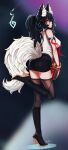  1girl ahri_(league_of_legends) alternate_costume animal_ear_fluff animal_ears bare_shoulders black-framed_eyewear black_footwear black_hair black_legwear black_skirt book boots bracelet breasts commentary ehrrr english_commentary facial_mark fox_ears fox_girl fox_tail full_body glasses high_heel_boots high_heels highres jewelry knee_boots large_breasts league_of_legends long_hair office_lady orange_eyes pencil_skirt ponytail red_lips shirt skirt solo standing standing_on_one_leg tail tail_through_clothes thighhighs thighhighs_under_boots whisker_markings white_shirt 