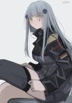  1girl artist_name bangs black_legwear blue_hair blue_jacket breasts chcn eyebrows_visible_through_hair german_flag girls&#039;_frontline green_eyes hair_ornament hairclip highres hk416_(girls&#039;_frontline) holding holding_clothes holding_legwear jacket long_hair looking_at_viewer single_thighhigh sitting solo teardrop_facial_mark teardrop_tattoo thighhighs 